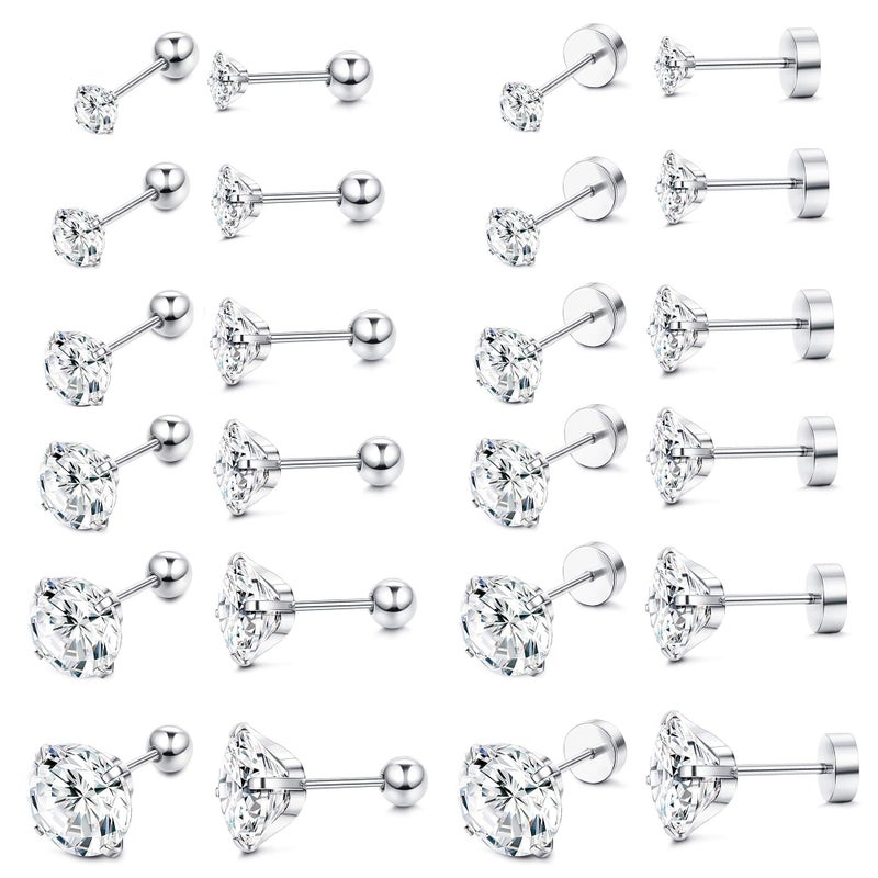 ORAZIO 6Pairs Hypoallergenic Flat Back Earrings 316L Stainless Steel Studs for Sensitive Ears, 3-8mm Cubic Zirconia, Stylish Jewelry for Women Men BF - Image 1